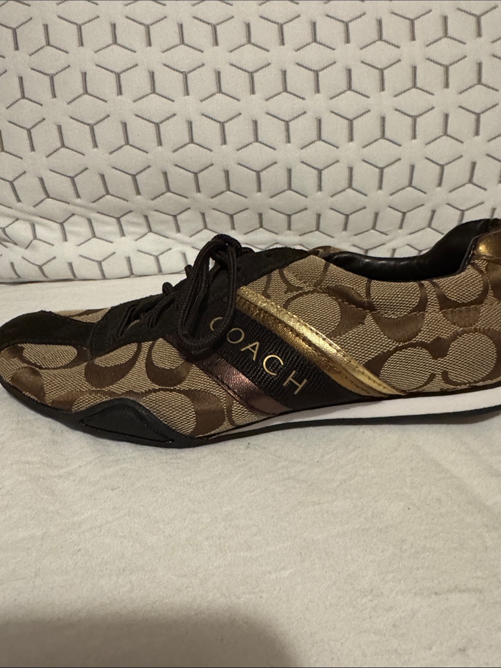 Coach Brown Monogram Sneakers with Gold Accent - Picture 4 of 5
